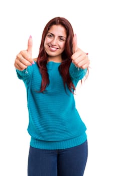 Beautiful young woman signaling ok, isolated over white