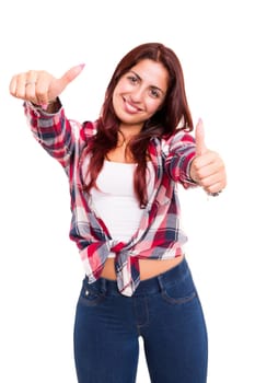 Beautiful young woman signaling ok, isolated over white