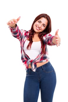 Beautiful young woman signaling ok, isolated over white