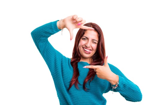 Young woman making framing key gesture - isolated over white