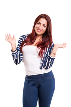 Studio shot: Happy woman with raised arms