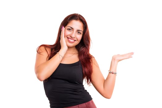 Young beautiful woman presenting your product, isolated over white background