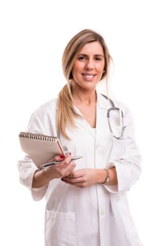 Beuatiful young medic posing isolated over a white background
