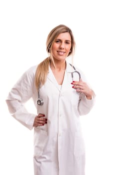 Beuatiful young medic posing isolated over a white background