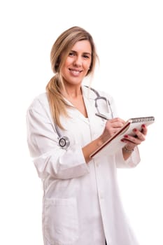 Beuatiful young medic posing isolated over a white background