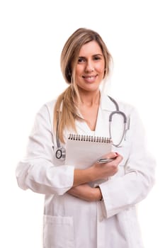 Beuatiful young medic posing isolated over a white background