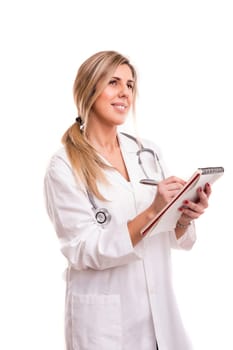 Beuatiful young medic posing isolated over a white background