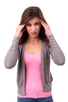 Young student tired of studying for the final exams, isolated over a white background