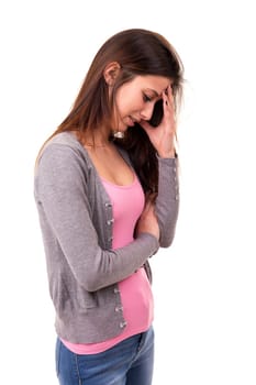Young student tired of studying for the final exams, isolated over a white background