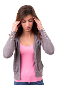 Young student tired of studying for the final exams, isolated over a white background