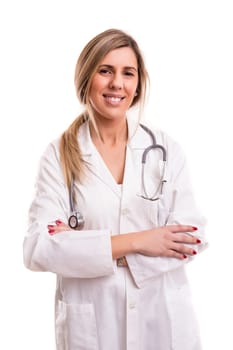Beuatiful young medic posing isolated over a white background
