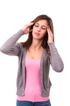 Young student tired of studying for the final exams, isolated over a white background