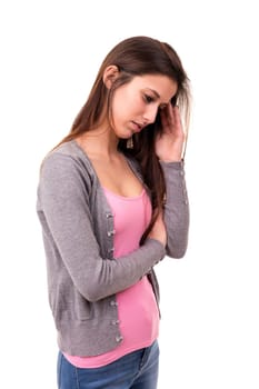Young student tired of studying for the final exams, isolated over a white background