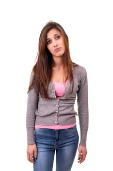 Studio shot of a sad woman, isolated over white