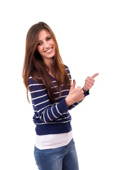 Beautiful young woman signaling ok, isolated over white