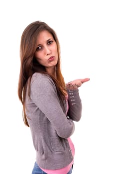 Beautiful young woman blowing you a kiss, isolated over white