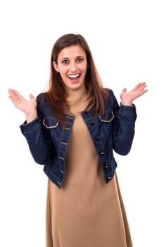 Surprised young woman isolated over white background