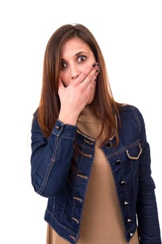 Surprised young woman isolated over white background