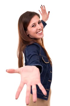 Studio shot of a beautiful woman offering a hug