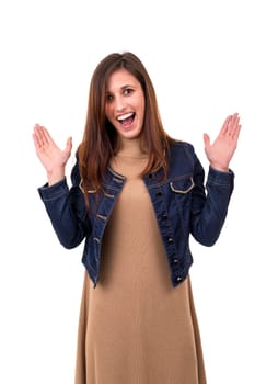 Surprised young woman isolated over white background