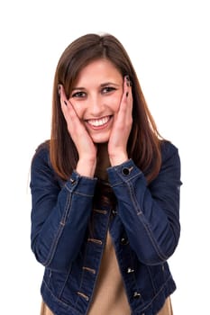 Surprised young woman isolated over white background