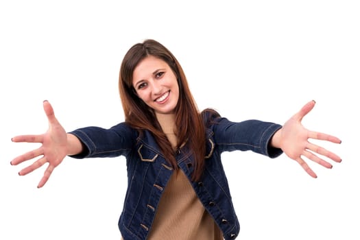 Studio shot of a beautiful woman offering a hug