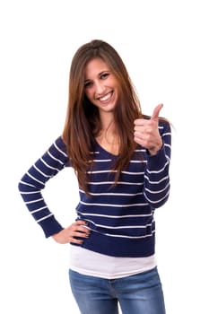 Beautiful young woman signaling ok, isolated over white