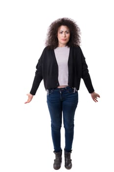 Woman with open hands asking sorry, isolated