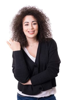 Happy young woman - who weares braces - posing isolated over white