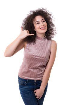 Happy young student making "call me"" sign with hand"