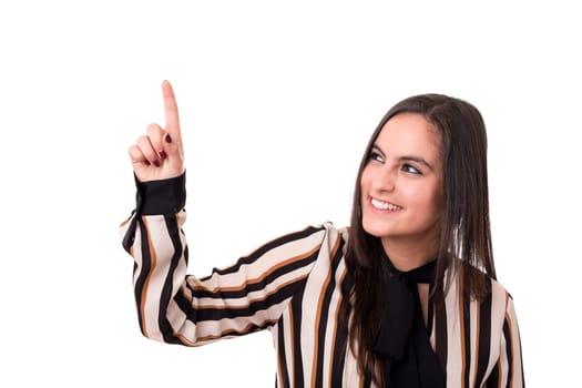 Business woman pressing key, isolated over white