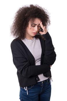 Young student tired of studying for the final exams, isolated over a white background
