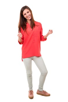 Beautiful young woman signaling ok, isolated over white