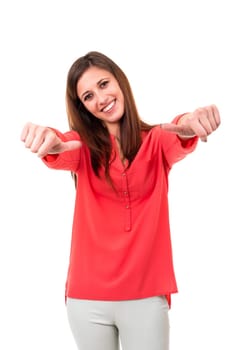 Beautiful young woman signaling ok, isolated over white