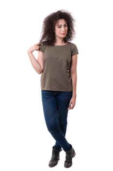 Beautiful young asian woman posing isolated over white background