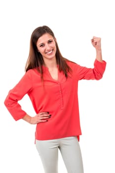 Beautiful young woman signaling ok, isolated over white
