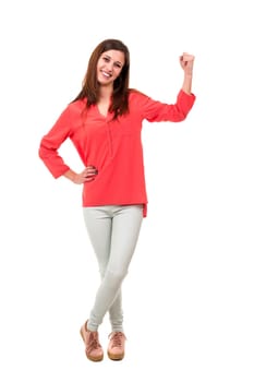 Beautiful young woman signaling ok, isolated over white