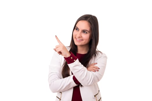 Young beautiful woman presenting your product, isolated over white background