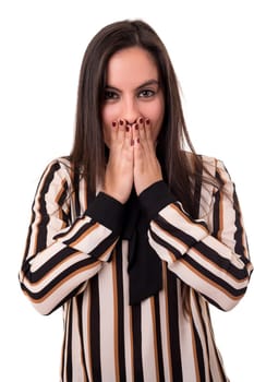 Surprised young woman isolated over white background