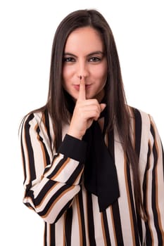 Beautiful young woman asking for silence isolated