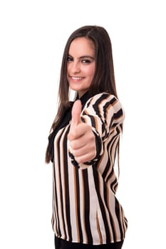 Beautiful young woman signaling ok, isolated over white