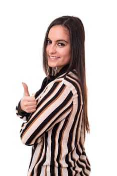 Beautiful young woman signaling ok, isolated over white