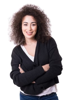 Happy young woman - who weares braces - posing isolated over white