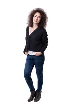 Happy young woman - who weares braces - posing isolated over white