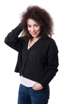 Happy young woman - who weares braces - posing isolated over white