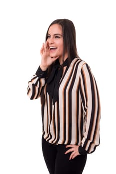Woman screaming at someone, isolated over a white background