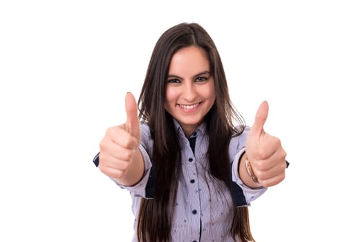 Beautiful young woman signaling ok, isolated over white
