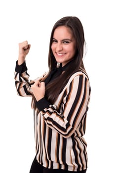 Studio shot: Happy woman with raised arms