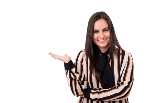 Young beautiful woman presenting your product, isolated over white background