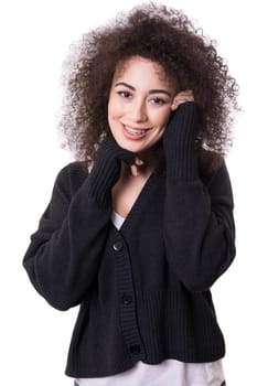 Happy young woman - who weares braces - posing isolated over white